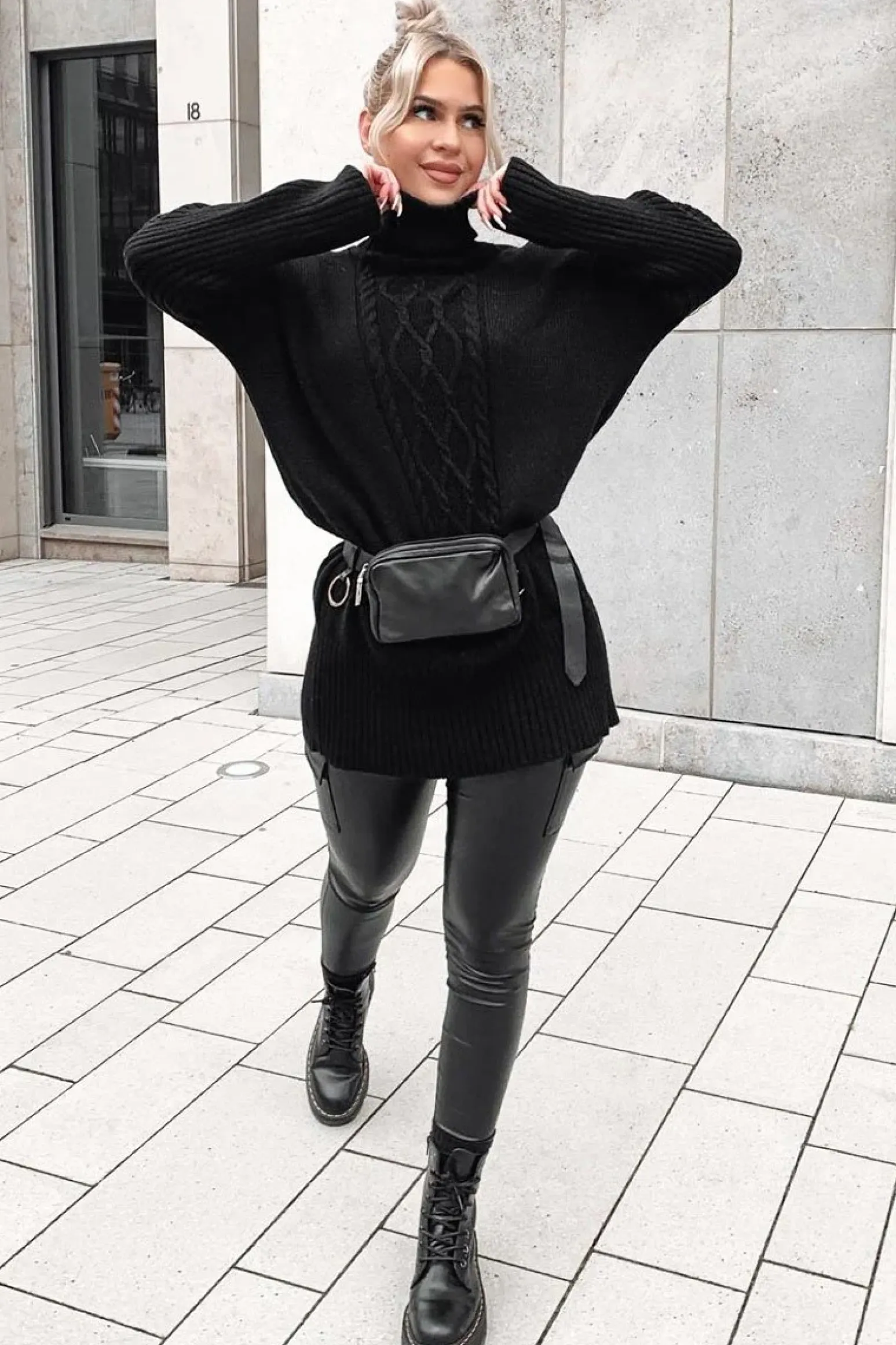 Rebellious Fashion Black Oversized Knitted Turtle Neck Jumper Dress - Freyah