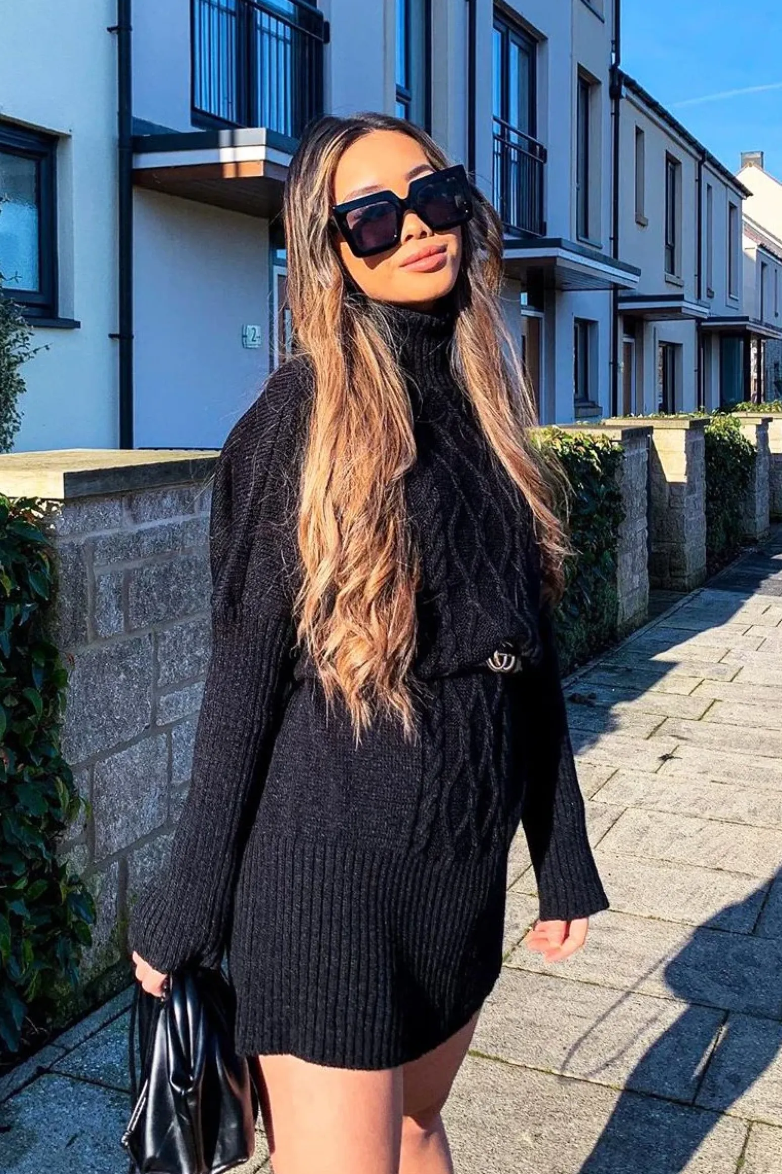 Rebellious Fashion Black Oversized Knitted Turtle Neck Jumper Dress - Freyah
