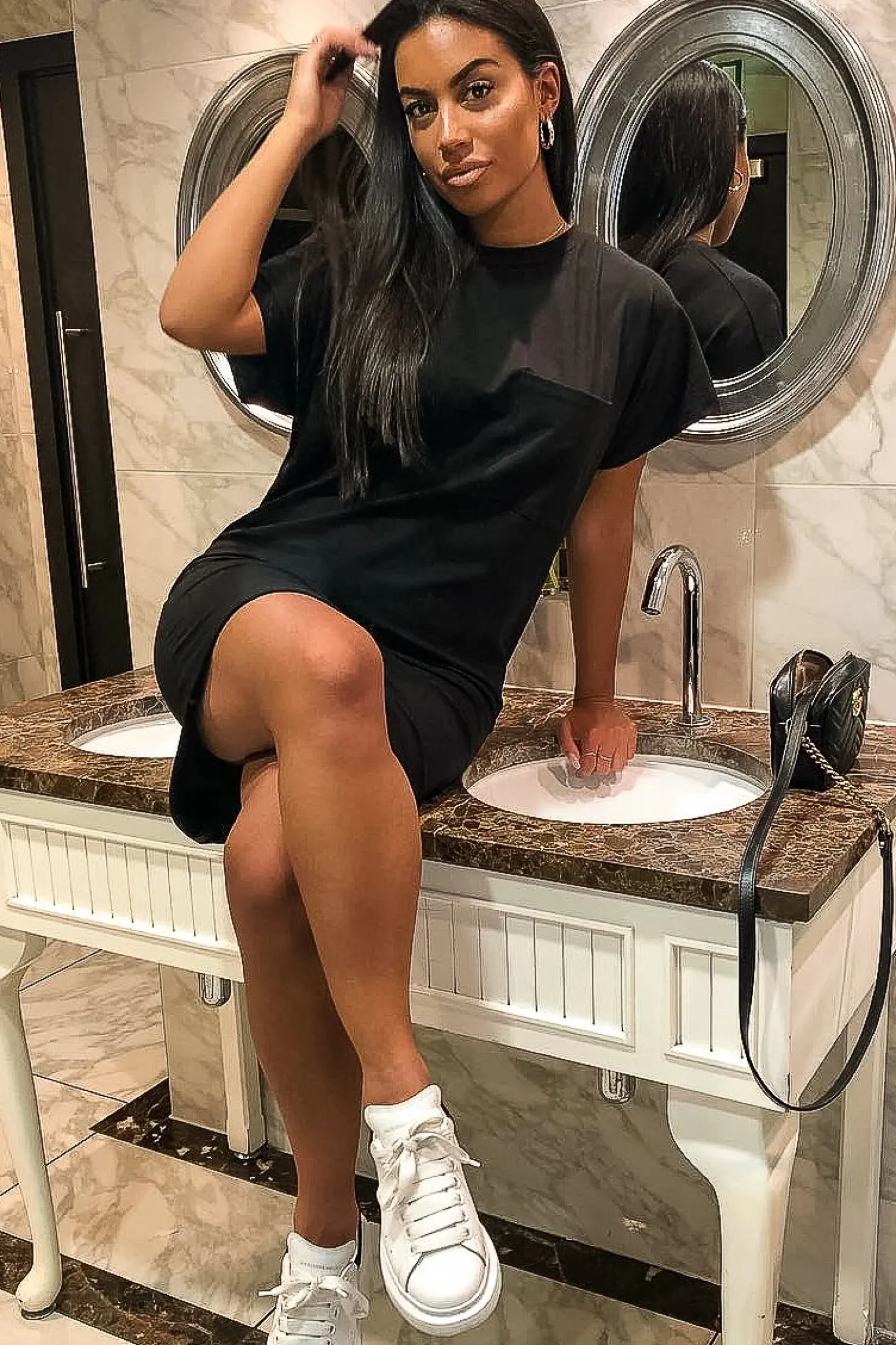 Rebellious Fashion Black Oversized Pocket Front Midi T-Shirt Dress - Whitney