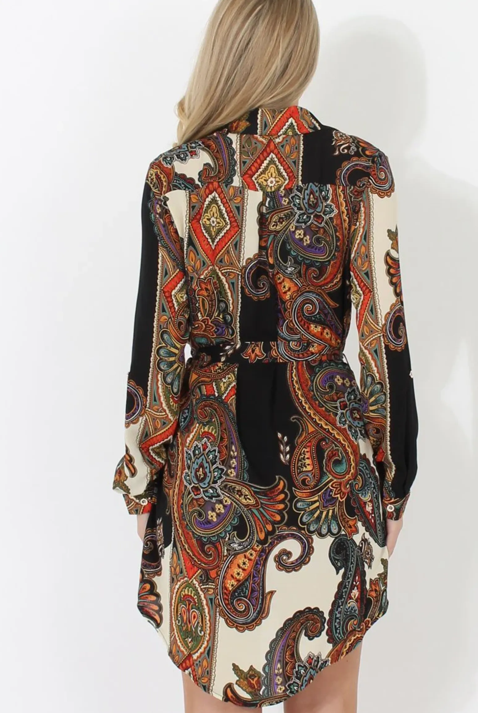 Rebellious Fashion Black Paisley Print Shirt Dress - Pearl
