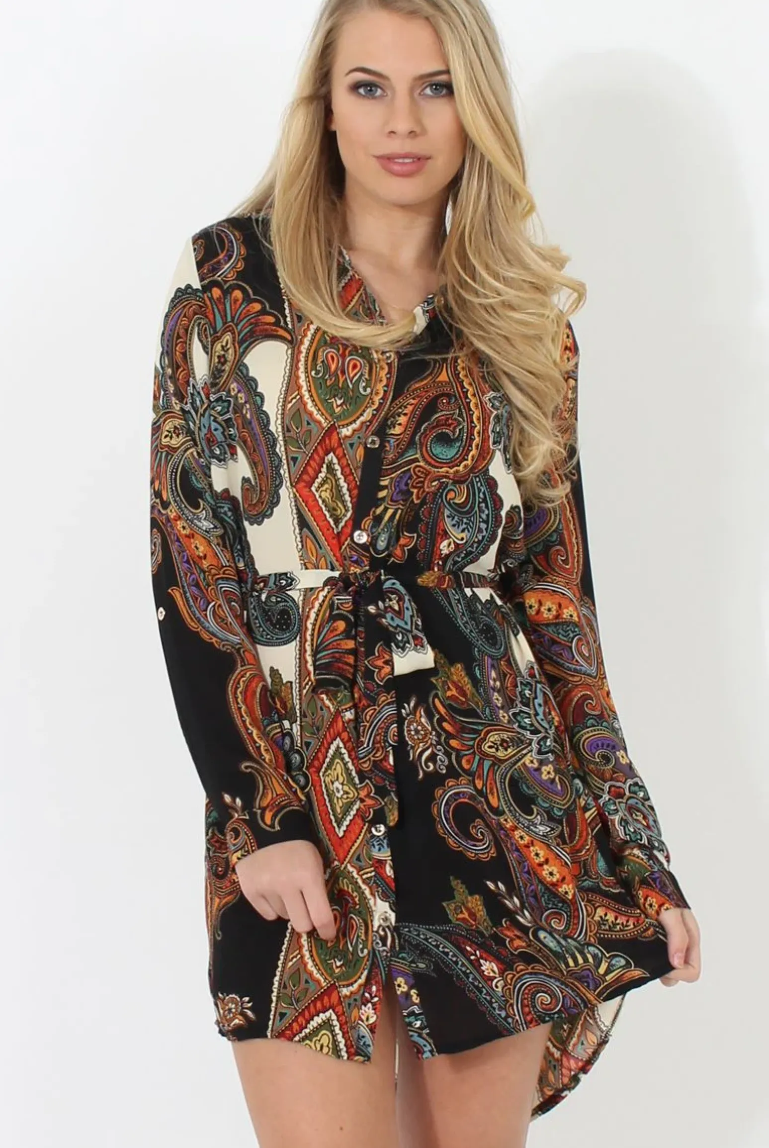 Rebellious Fashion Black Paisley Print Shirt Dress - Pearl
