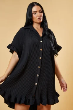 Rebellious Fashion Black Pleat Detail Frill Sleeve Oversized Dress - Sana