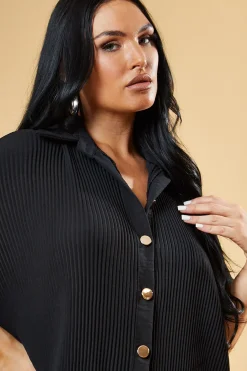 Rebellious Fashion Black Pleat Detail Frill Sleeve Oversized Dress - Sana