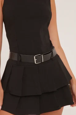 Rebellious Fashion Black Pleated Belt Detail Mini Dress - Bobbie