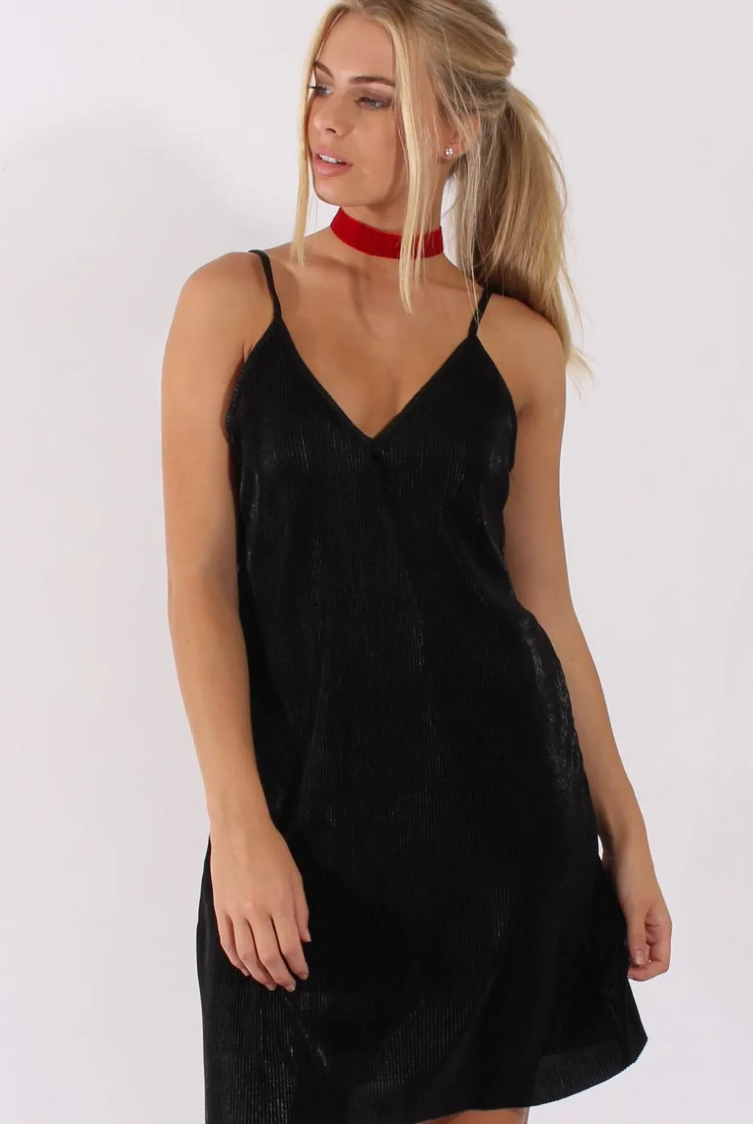 Rebellious Fashion Black Pleated Metallic Slip Dress - Peaches