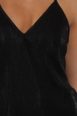 Rebellious Fashion Black Pleated Metallic Slip Dress - Peaches