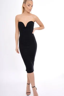 Rebellious Fashion Black Plunge Bandeau Bodycon Midi Dress - Perry