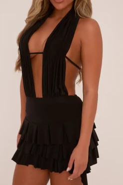Rebellious Fashion Black Plunge Neck Frill Detail Mini Dress - Swan