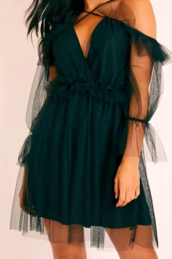Rebellious Fashion Black Plunge Tulle Ruffle Cross Back Dress - Aerial