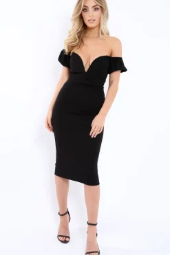 Rebellious Fashion Black Plunge V Bardot Midi Bodycon Dress - Nanda