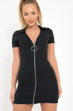 Rebellious Fashion Black Plunge Zip Mini Dress - Arelys