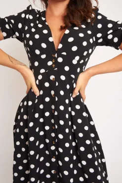 Rebellious Fashion Black Polka Dot Button Front Midi Dress - Prima