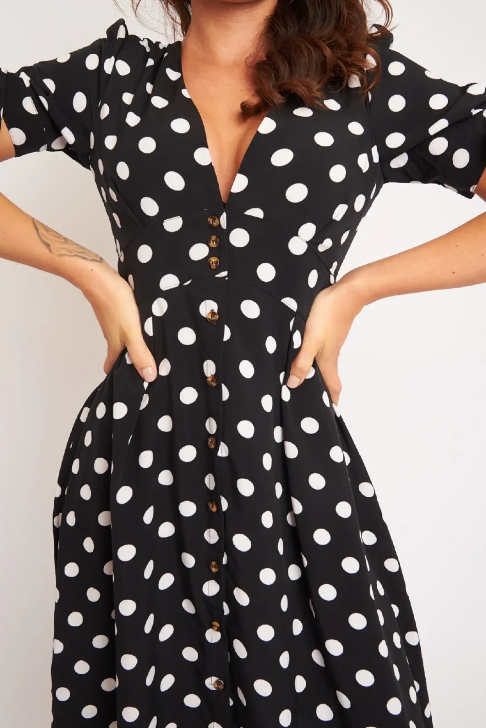 Rebellious Fashion Black Polka Dot Button Front Midi Dress - Prima