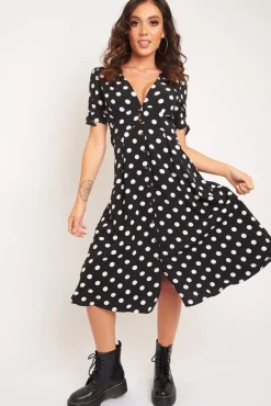 Rebellious Fashion Black Polka Dot Button Front Midi Dress - Prima