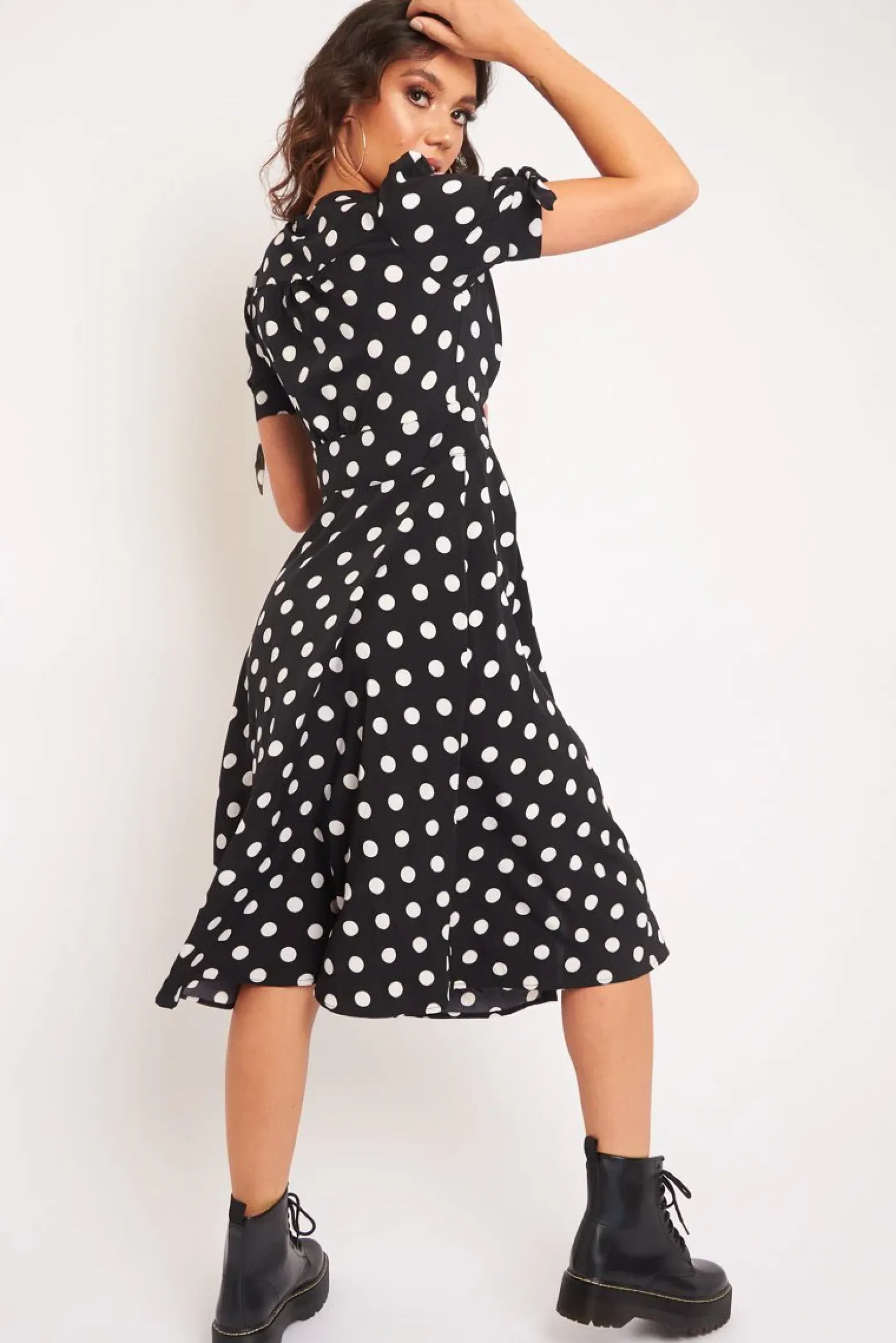 Rebellious Fashion Black Polka Dot Button Front Midi Dress - Prima