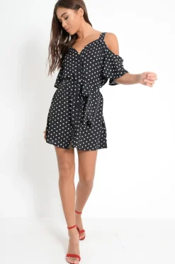 Rebellious Fashion Black Polka Dot Cold Shoulder Dress - Sarabella