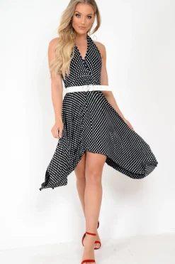 Rebellious Fashion Black Polka Dot Halterneck Tiered Hem Dress - Cailie
