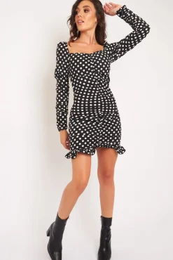 Rebellious Fashion Black Polka Dot Ruched Milkmaid Dress - Neave