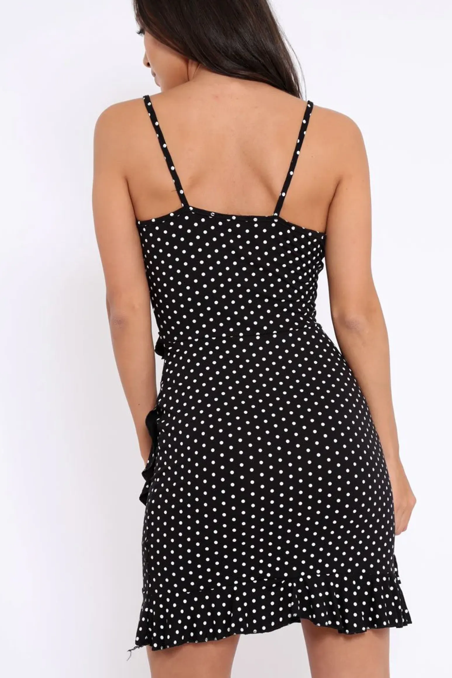 Rebellious Fashion Black Polka Dot Wrap Dress with Frills - Beth