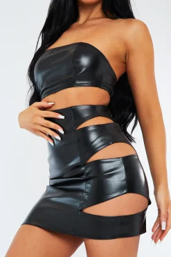 Rebellious Fashion Black PU Leather Side Cut Out Mini Dress - Kiera
