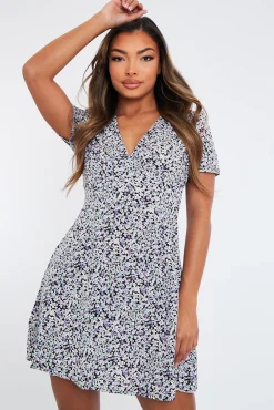 Rebellious Fashion Black Purple V Neck Tea Mini Dress - Sydney