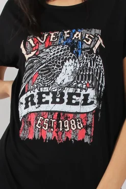 Rebellious Fashion Black Rebel Slogan Print T-Shirt Dress - Juan