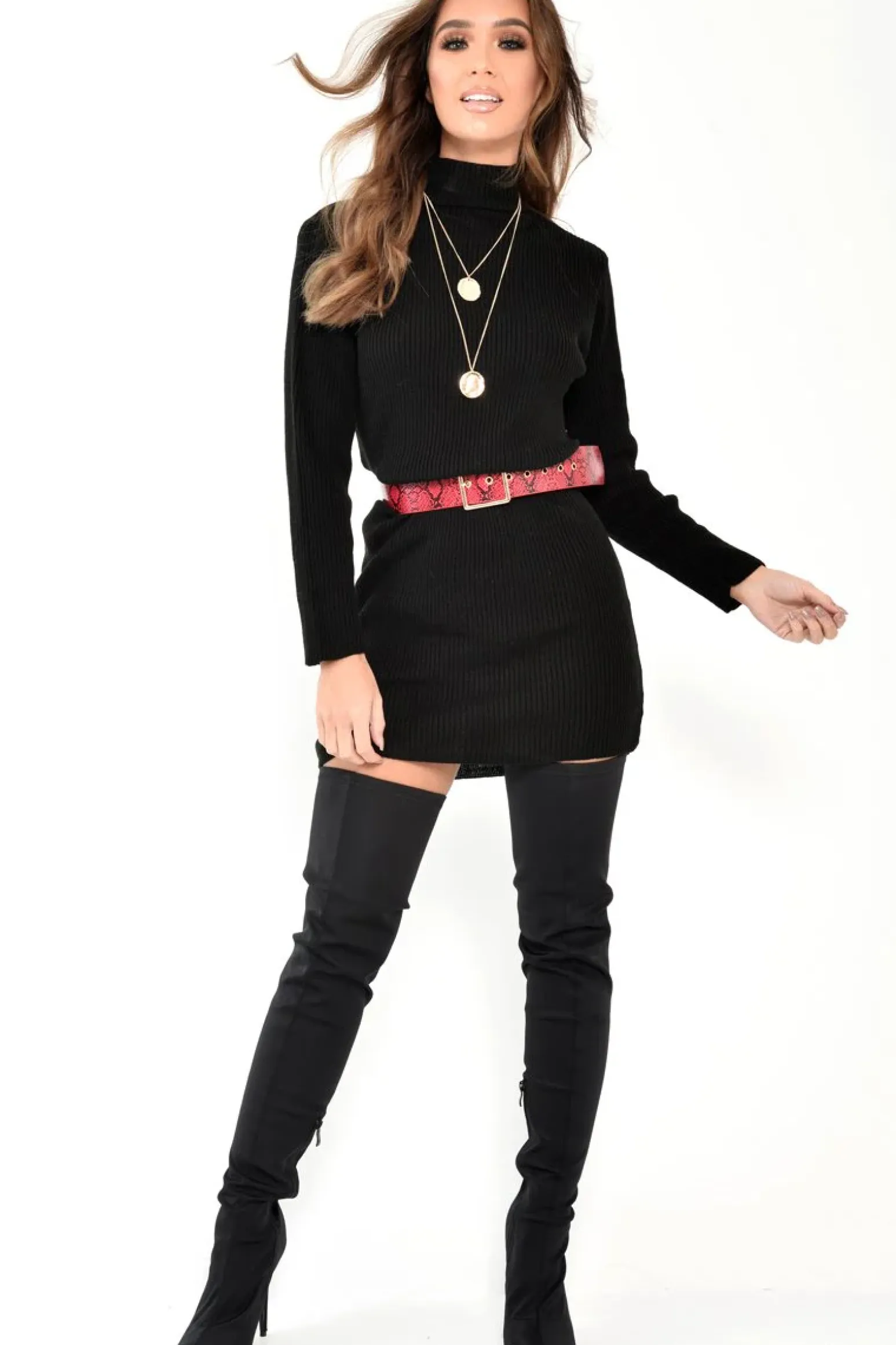Rebellious Fashion Black Rib Bodycon Turtle Neck Mini Dress - Tesia