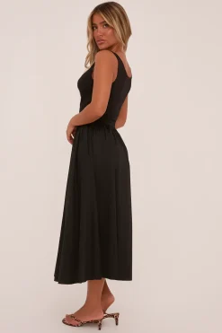 Rebellious Fashion Black Rib Knit Drop Waist Scoop Neck Maxi Dress - Elian