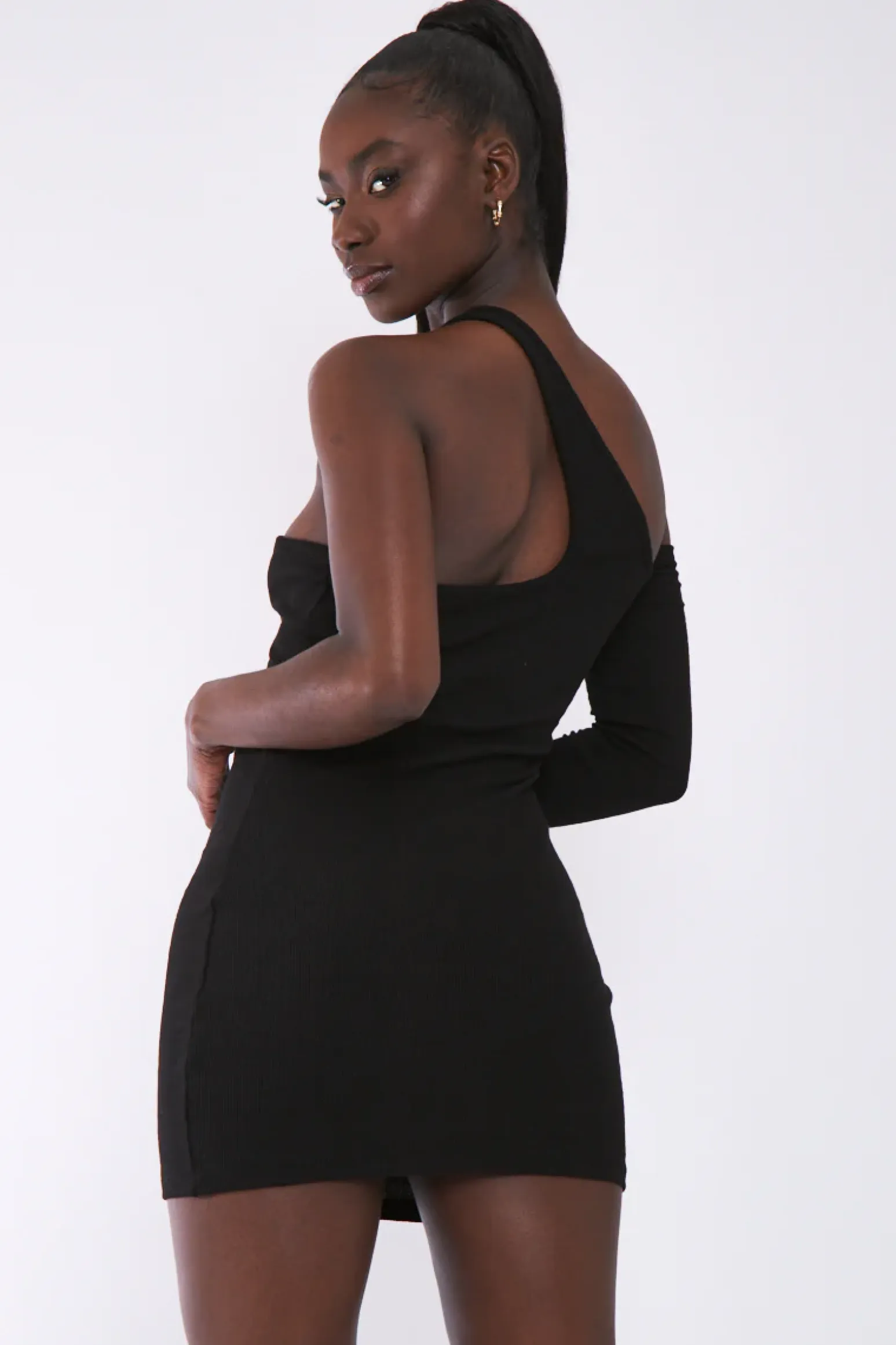 Rebellious Fashion Black Rib One Sleeve Asymmetric Mini Dress - Nola