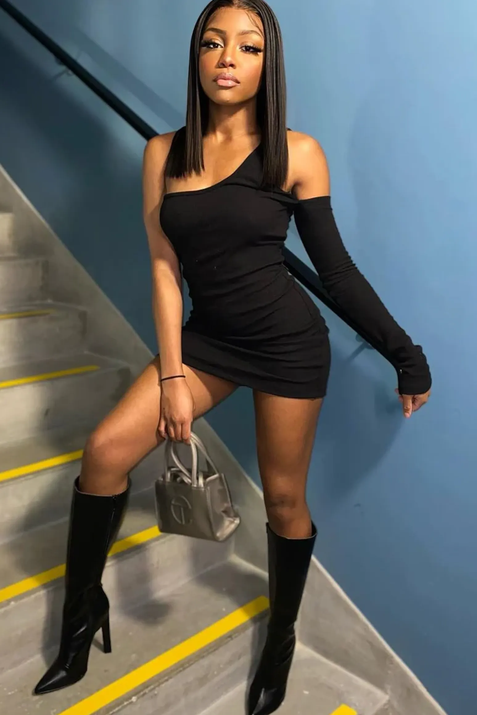 Rebellious Fashion Black Rib One Sleeve Asymmetric Mini Dress - Nola