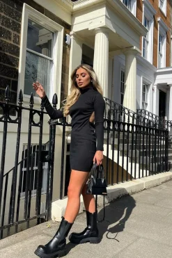 Rebellious Fashion Black Ribbed Back Cut Out Mini Dress - Eloise
