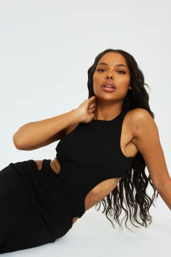 Rebellious Fashion Black Ribbed Cut Out Midi Dress - Karin