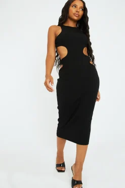 Rebellious Fashion Black Ribbed Cut Out Midi Dress - Karin