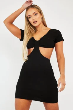Rebellious Fashion Black Ribbed Extreme Side Cut Out Mini Dress - Jaydee