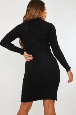 Rebellious Fashion Black Ribbed Roll Neck Midi Dress - Ema