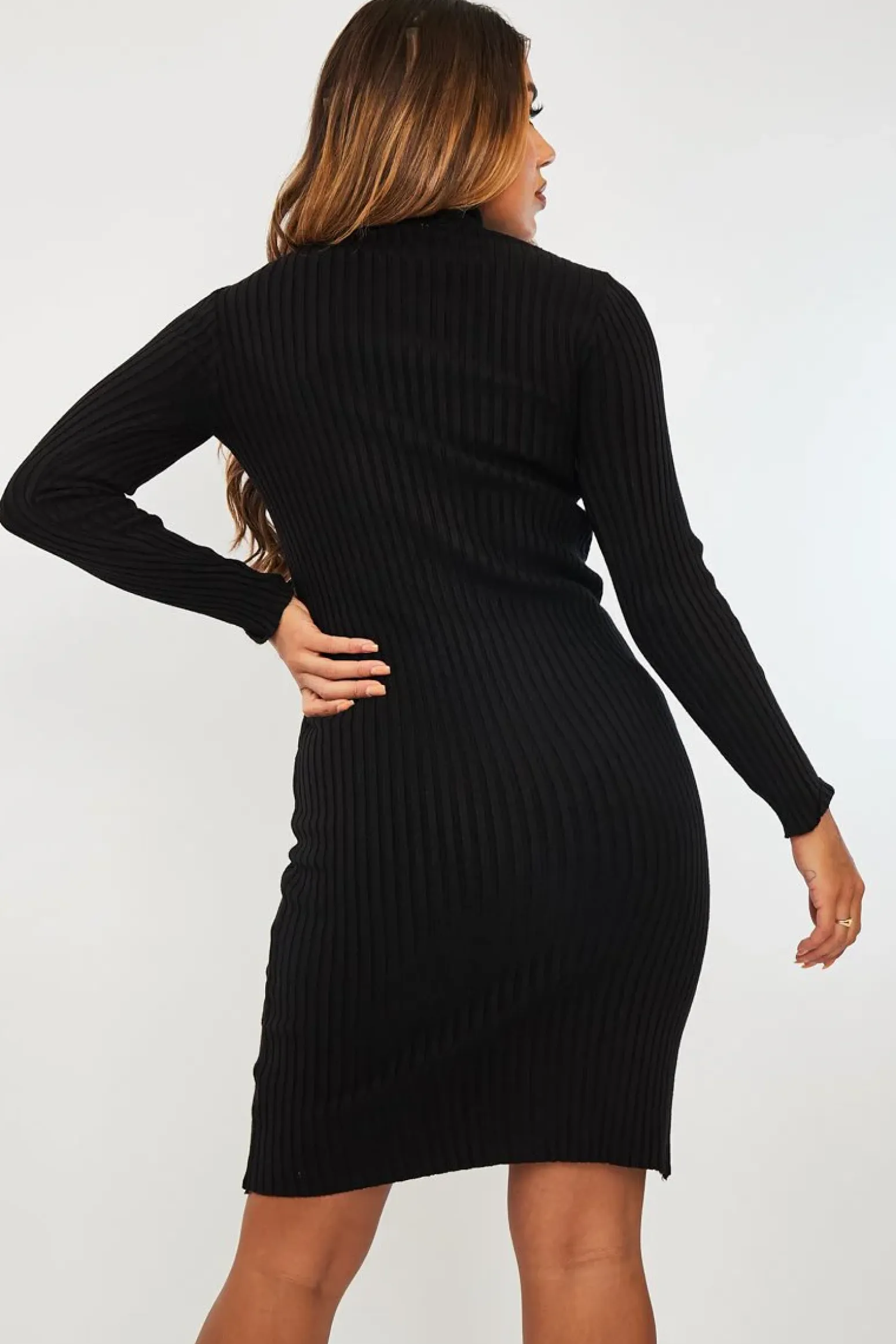 Rebellious Fashion Black Ribbed Roll Neck Midi Dress - Ema