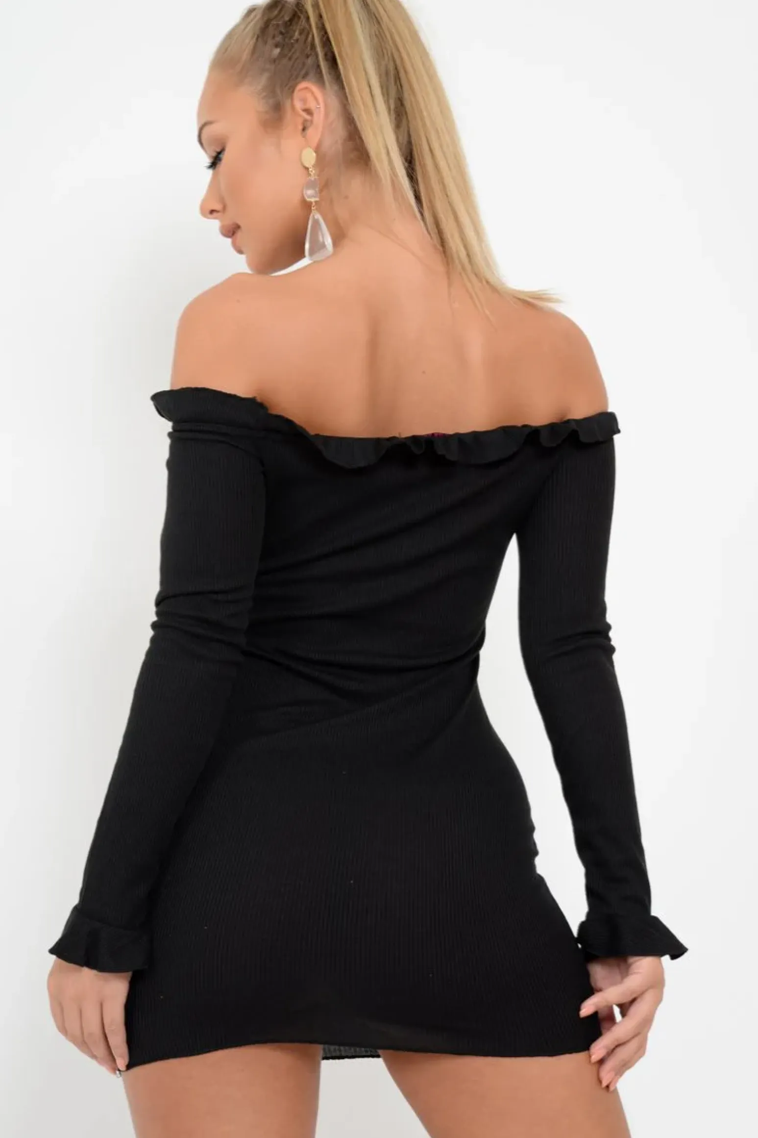 Rebellious Fashion Black Ribbed Ruffle Long Sleeve Bardot Dress - Madison