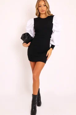 Rebellious Fashion Black Ribbed Shirt Ruched Sleeves Dress - Nieve