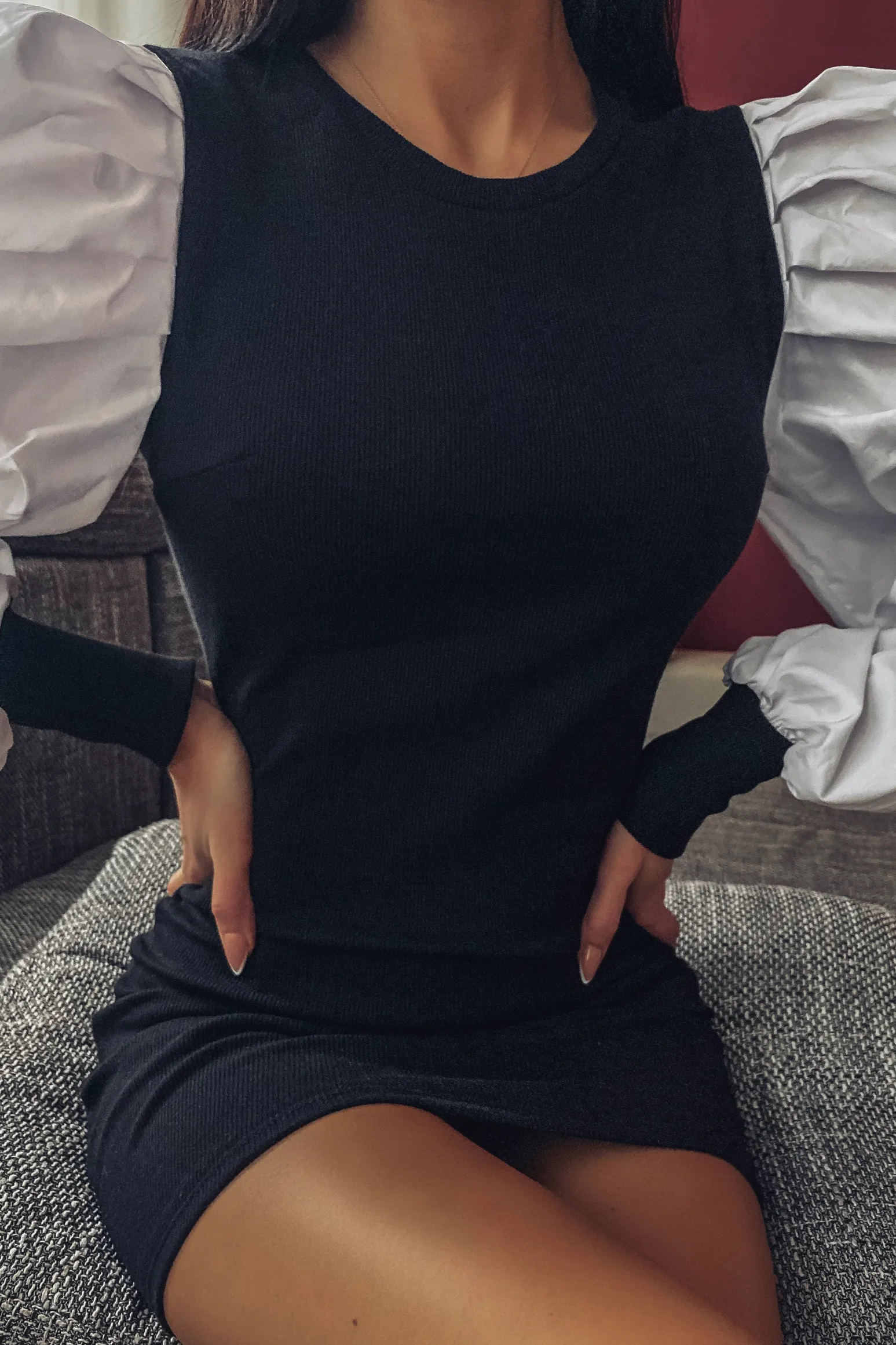 Rebellious Fashion Black Ribbed Shirt Ruched Sleeves Dress - Nieve