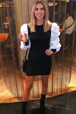 Rebellious Fashion Black Ribbed Shirt Ruched Sleeves Dress - Nieve