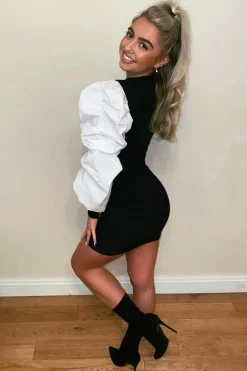 Rebellious Fashion Black Ribbed Shirt Ruched Sleeves Dress - Nieve