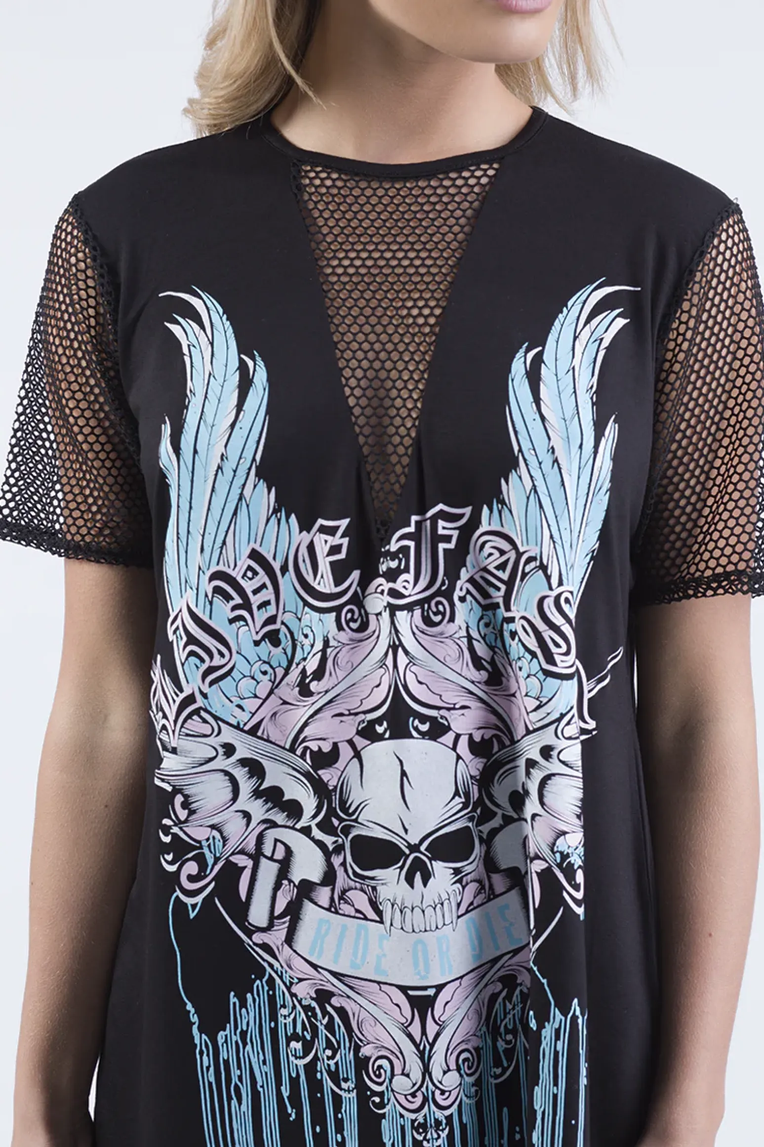 Rebellious Fashion Black Ride Or Die Slogan Mesh T-Shirt Dress - Darcie