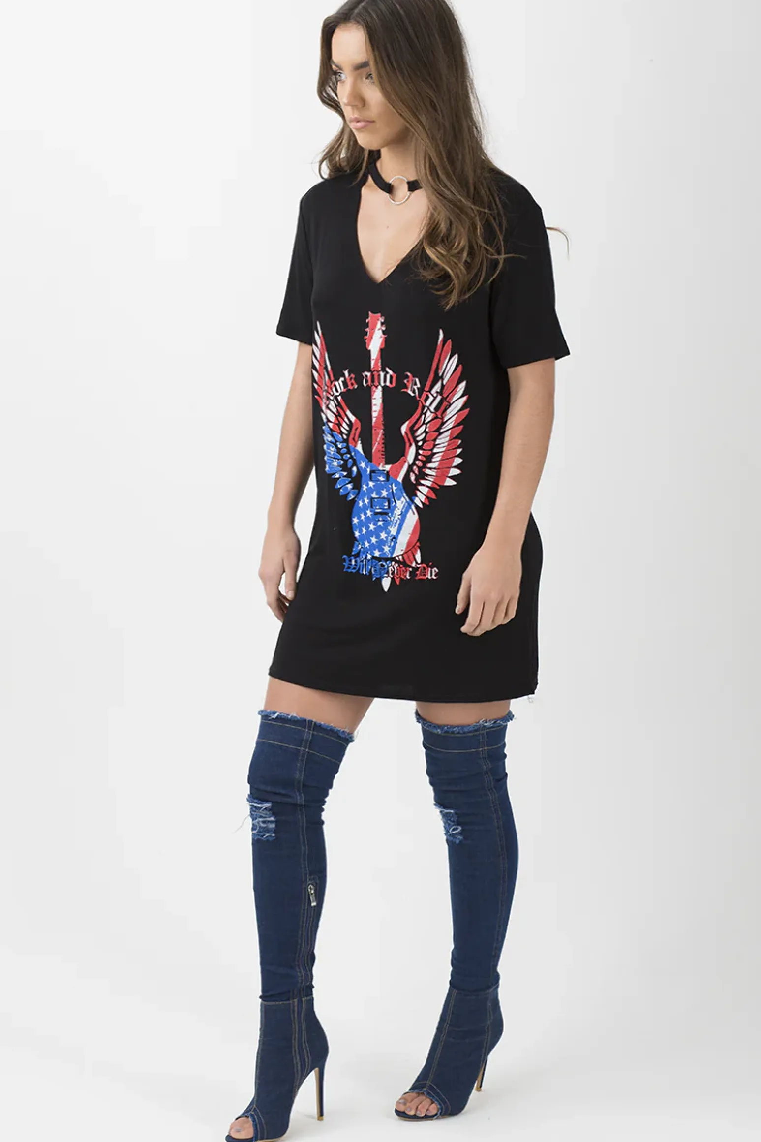 Rebellious Fashion Black Ring Choker 'Rock & Roll' T-Shirt Dress - Betty