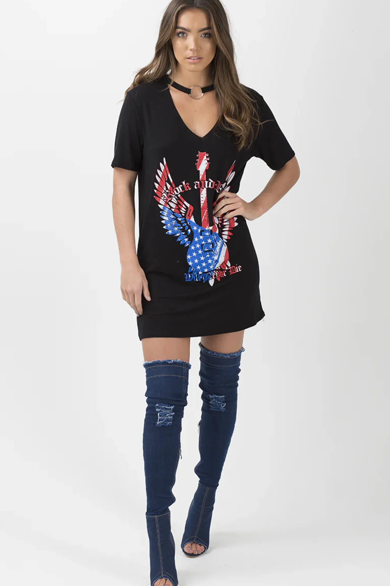 Rebellious Fashion Black Ring Choker 'Rock & Roll' T-Shirt Dress - Betty