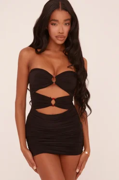 Rebellious Fashion Black Ring Detail Bandeau Ruched Bodycon Mini Dress - Tefta