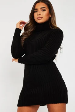 Rebellious Fashion Black Roll Neck Knit Mini Dress - Franceska