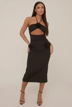 Rebellious Fashion Black Rose Detail Halter Midi Dress - Pixie