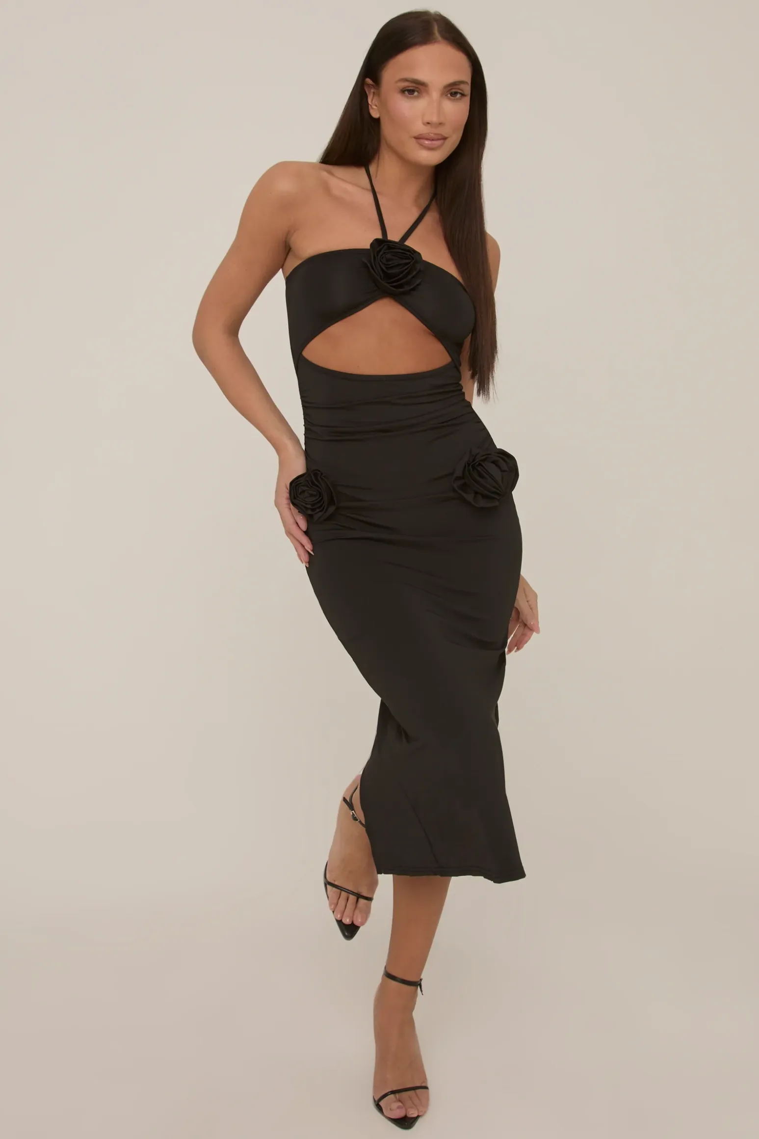 Rebellious Fashion Black Rose Detail Halter Midi Dress - Pixie