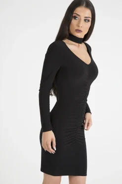 Rebellious Fashion Black Ruched Choker Bodycon Dress - Primrose