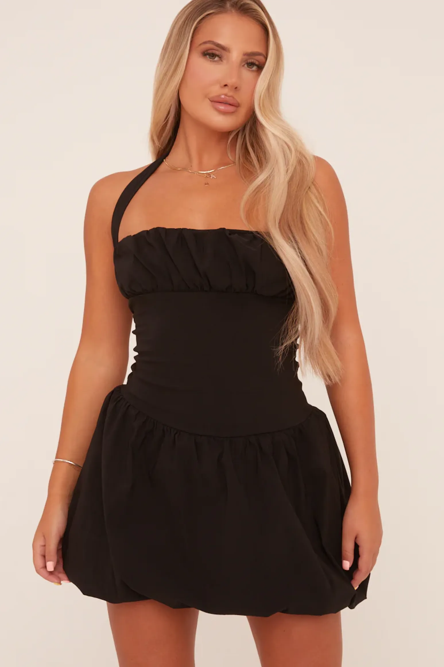 Rebellious Fashion Black Ruched Halter Neck Puffball Mini Dress - Anessa